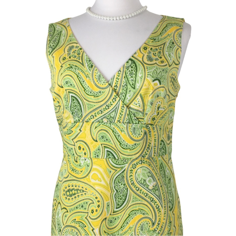 Spense Paisley Yellow and Green Cotton Surplice V-Neck Sleeveless Midi Dress 12 - Picture 6 of 16